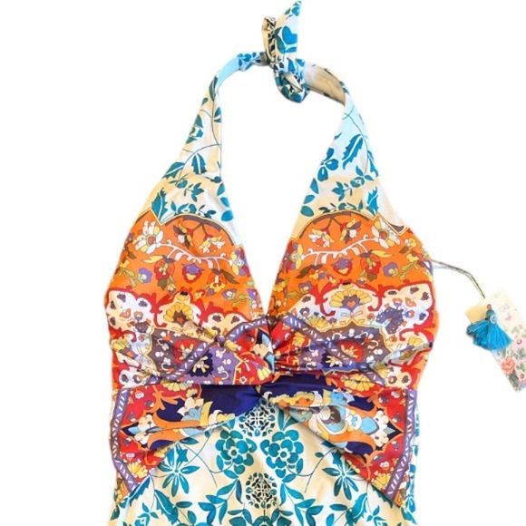 Johnny Was Floral Ellyo Twist Front One-Piece Swimsuit Teal Orange XS - Picture 9 of 13